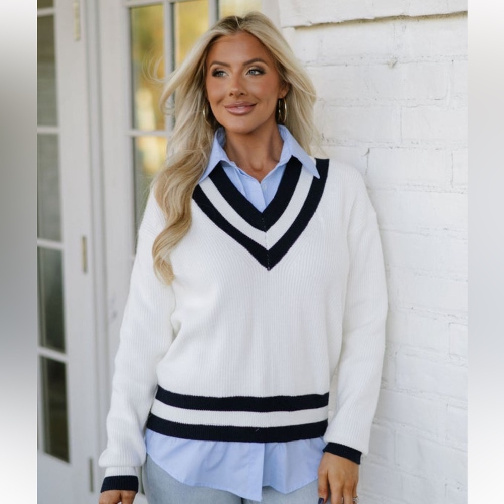 These Three Boutique Varsity V Neck Sweater